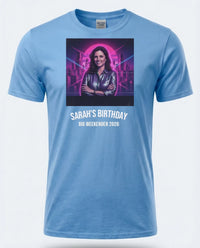 VHS Hero Tee — Ultimate 80s Weekender Custom Photo T-Shirt — carolina blue tee