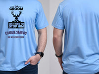 Personalised Weekender Unisex Tee — carolina blue tee, front and back view