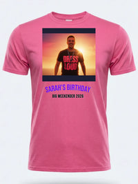 Sunset Set Tee — We Love Ibiza Weekender Custom Photo T-Shirt — pink tee, front view