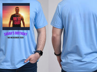 Sunset Set Tee — We Love Ibiza Weekender Custom Photo T-Shirt — carolina blue tee, front and back view
