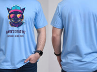 Personalised 80s Tee — carolina blue tee, front and back view