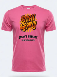 Personalised We Love the 70s Big Weekender Tee — pink tee, front view