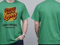 Personalised We Love the 70s Big Weekender Tee — irish green tee, front and back view