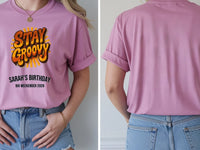 Personalised We Love the 70s Big Weekender Tee — azalea tee, front and back view
