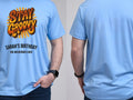 Personalised We Love the 70s Big Weekender Tee — carolina blue tee, front and back view