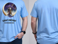 Personalised We Love the 70s Big Weekender Tee — carolina blue tee, front and back view