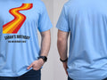 Personalised We Love the 70s Big Weekender Tee — carolina blue tee, front and back view