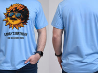 Personalised We Love the 70s Big Weekender Tee — carolina blue tee, front and back view