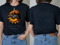 Personalised We Love the 70s Big Weekender Tee — black tee, front and back view