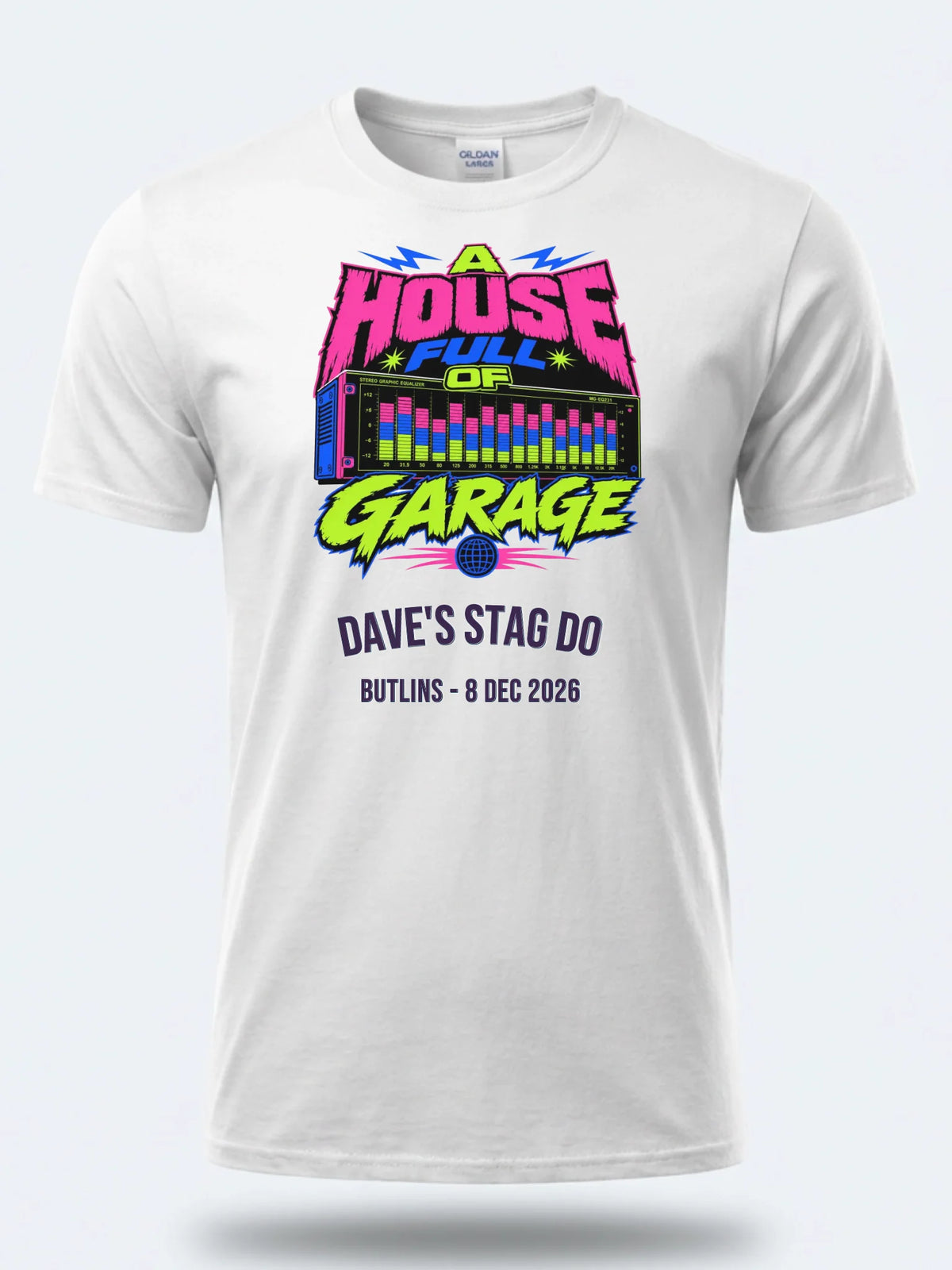 Personalised House of Garage Tee — white tee, front view