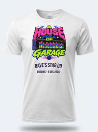 Personalised House of Garage Tee — white tee, front view