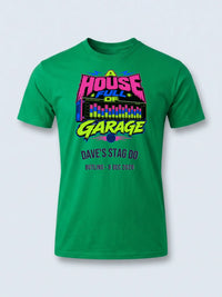 Personalised House of Garage Tee — irish green tee, front view