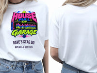 Personalised House of Garage Tee — white tee, front and back view