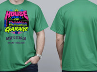 Personalised House of Garage Tee — irish green tee, front and back view