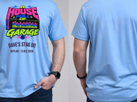 Personalised House of Garage Tee — carolina blue tee, front and back view