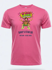 Personalised House of Garage Tee — pink tee, front view