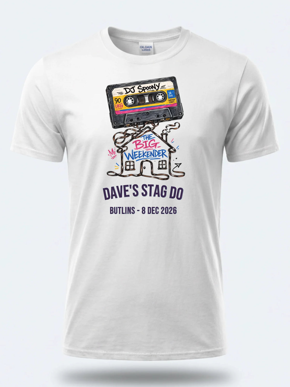 Personalised House of Garage Tee — white tee, front view