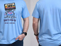 Personalised House of Garage Tee — carolina blue tee, front and back view