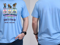 Personalised House of Garage Tee — carolina blue tee, front and back view