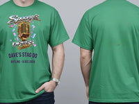 Personalised House of Garage Tee — irish green tee, front and back view