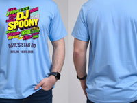 Personalised House of Garage Tee — carolina blue tee, front and back view