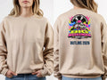 Personalised House of Garage Tee — sand sweatshirt, front and back view