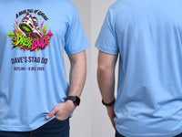Personalised House of Garage Tee — carolina blue tee, front and back view