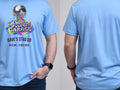 Personalised House of Garage Tee — carolina blue tee, front and back view