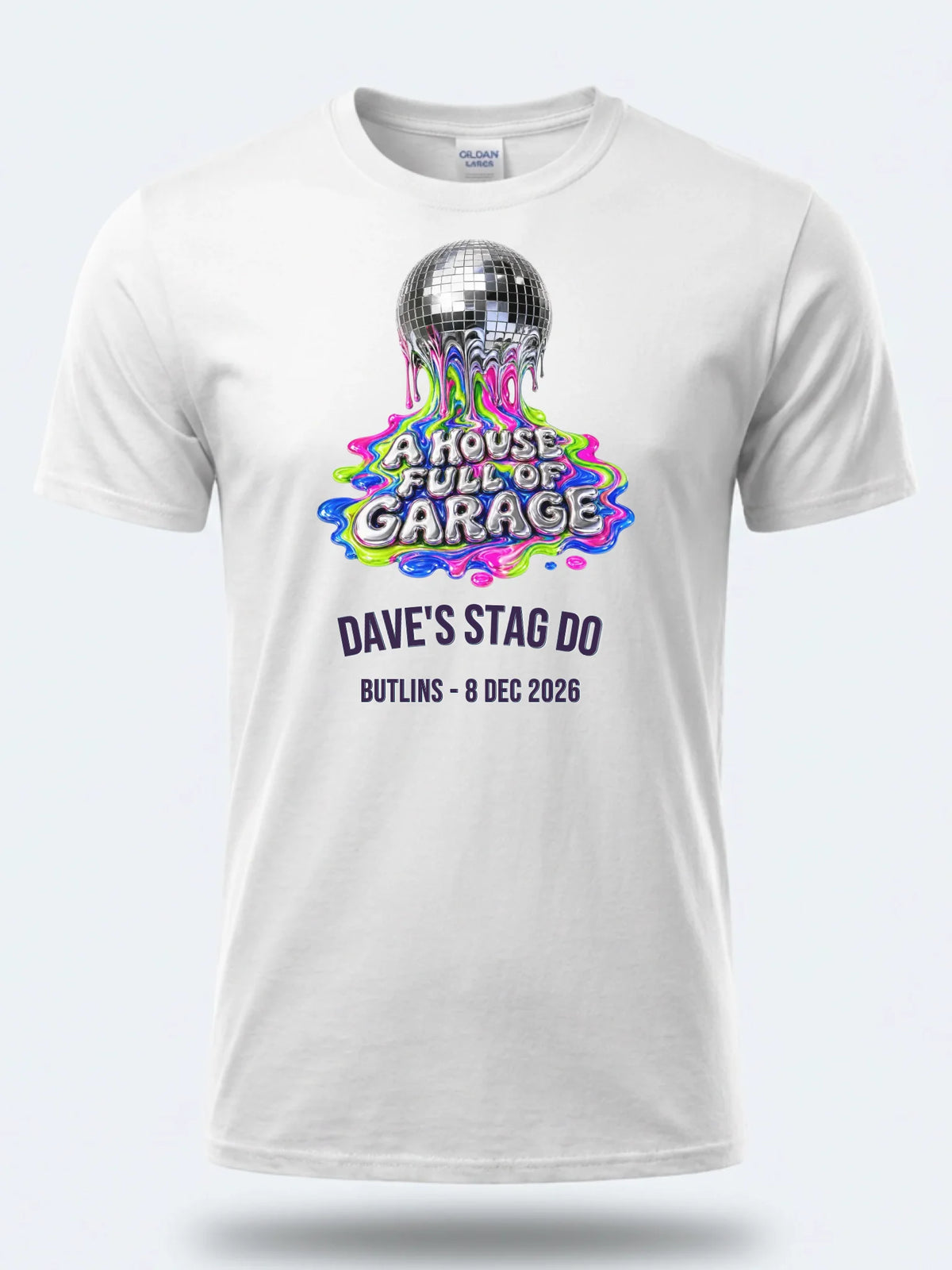 Personalised House of Garage Tee — white tee, front view