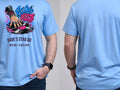 Personalised House of Garage Tee — carolina blue tee, front and back view