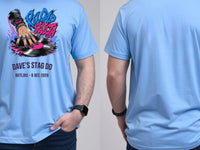 Personalised House of Garage Tee — carolina blue tee, front and back view