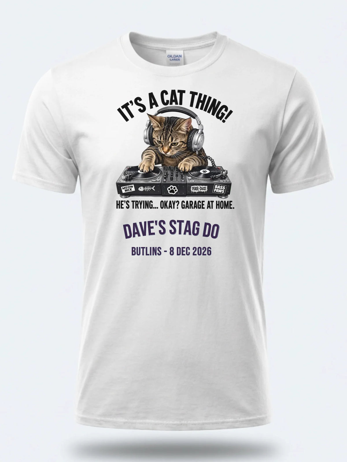 Personalised House of Garage Tee — white tee, front view