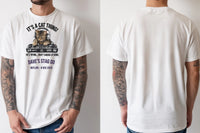 Personalised House of Garage Tee — natural tee, front and back view
