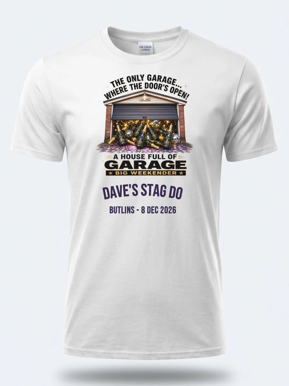 Personalised House of Garage Tee — white tee, front view