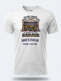 Personalised House of Garage Tee — white tee, front view