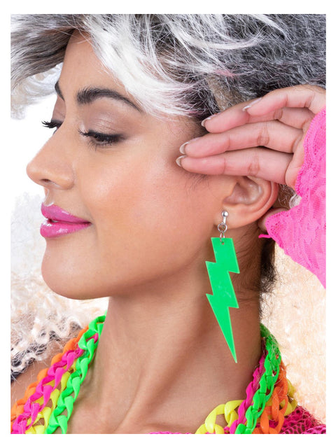 80s Neon Lightning Bolt Earrings, Green Dress Loud