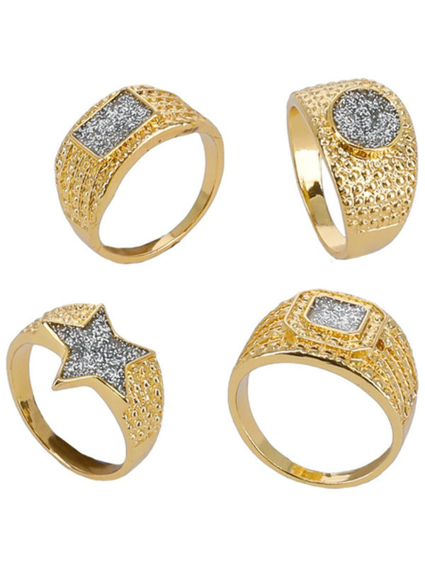 90s Gold & Diamond Bling Rings, 4Pk Dress Loud
