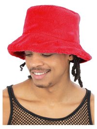 90s Red Fur Bucket Hat Dress Loud
