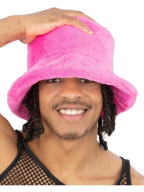 90s Pink Fur Bucket Hat Dress Loud