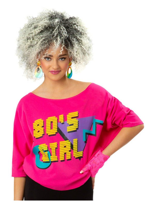 80s Girl Bat Wing T-Shirt, Neon Pink, Printed Dress Loud