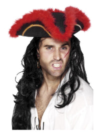 Pirate Tricorn Hat, Red Feather, Black Dress Loud