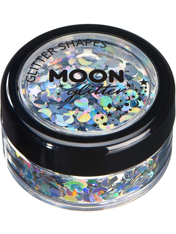 Moon Glitter Holographic Glitter Shapes, Silver Dress Loud