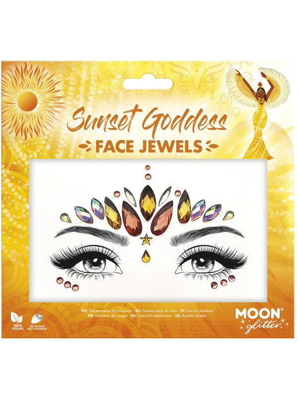 Moon Glitter Face Jewels, Sunset Goddess Dress Loud