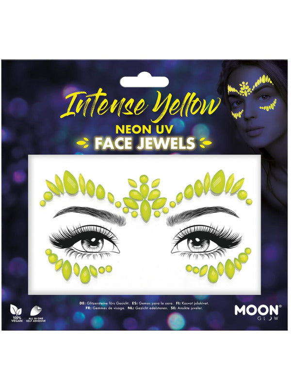 Moon Glow Face Jewels, Intense Yellow Dress Loud