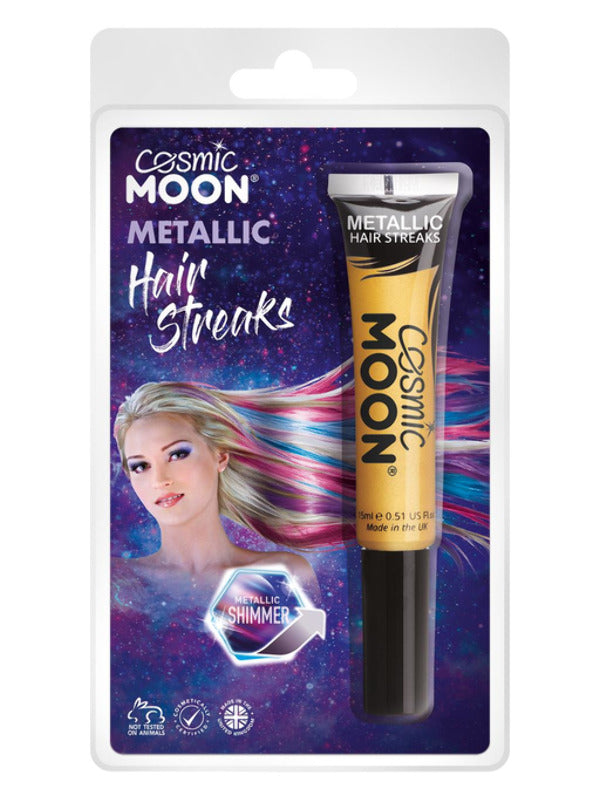 Cosmic Moon Metallic Hair Streaks, Gold Dress Loud