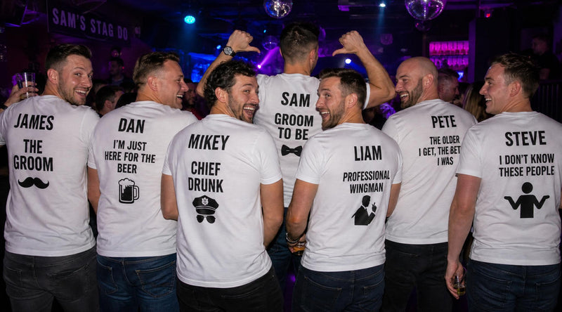 Stag squad in matching personalised tees ready for the weekend