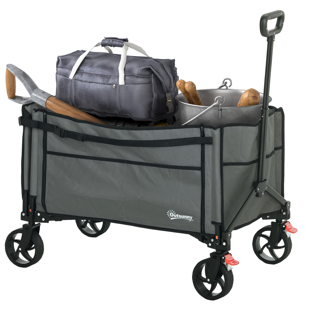 Outsunny Folding Trolley on Wheels, Garden Cart with Openable Sides Dress Loud
