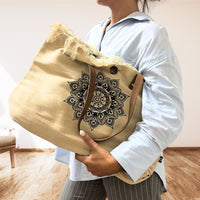 Natural Tote Bag Leather Handle - Flower of Life Dress Loud