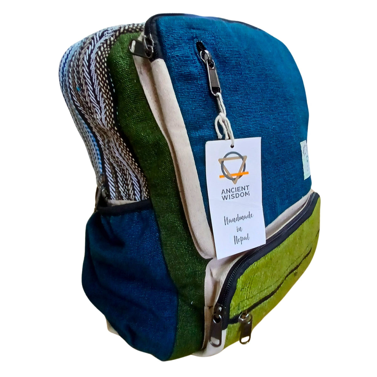 Large Boxy Hemp Backpack - Teal & Sage Dress Loud