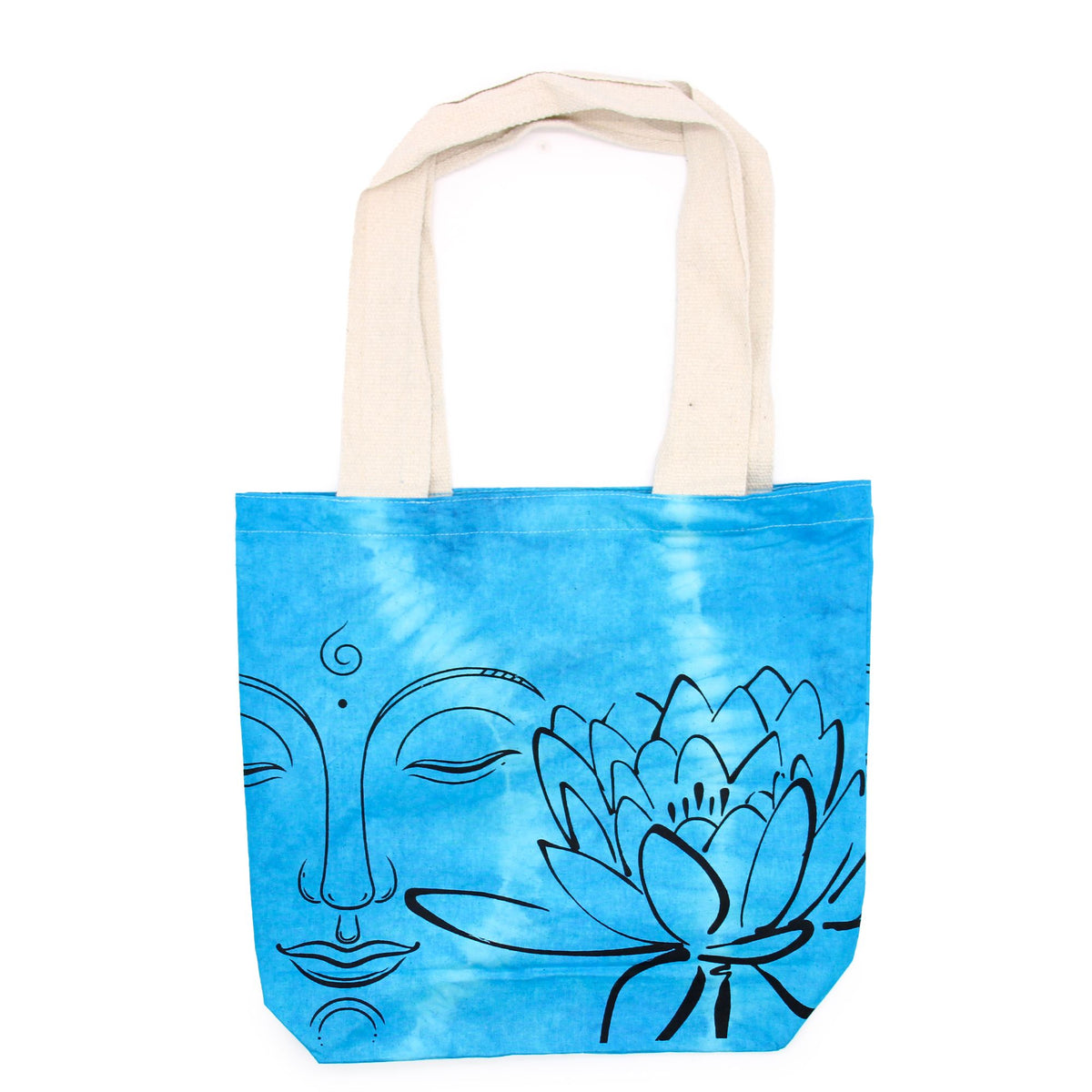 Tye-Dye Cotton Bag (6oz) - 38x42x12cm - Lotus Buddha - Blue - Natural Handle Dress Loud